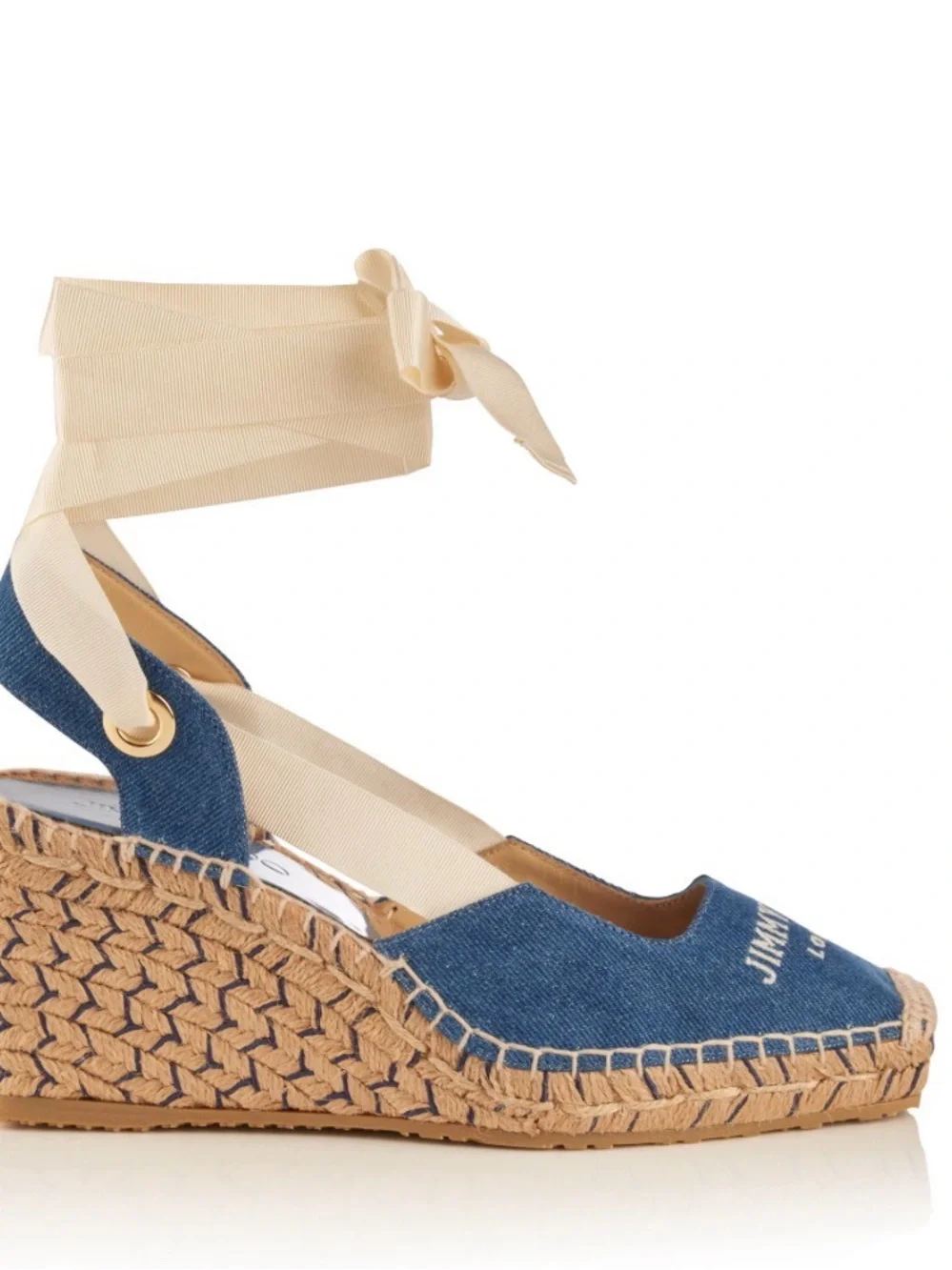 Jimmy Choo Denim Espadrille Wedge with Cream Ankle Ribbon